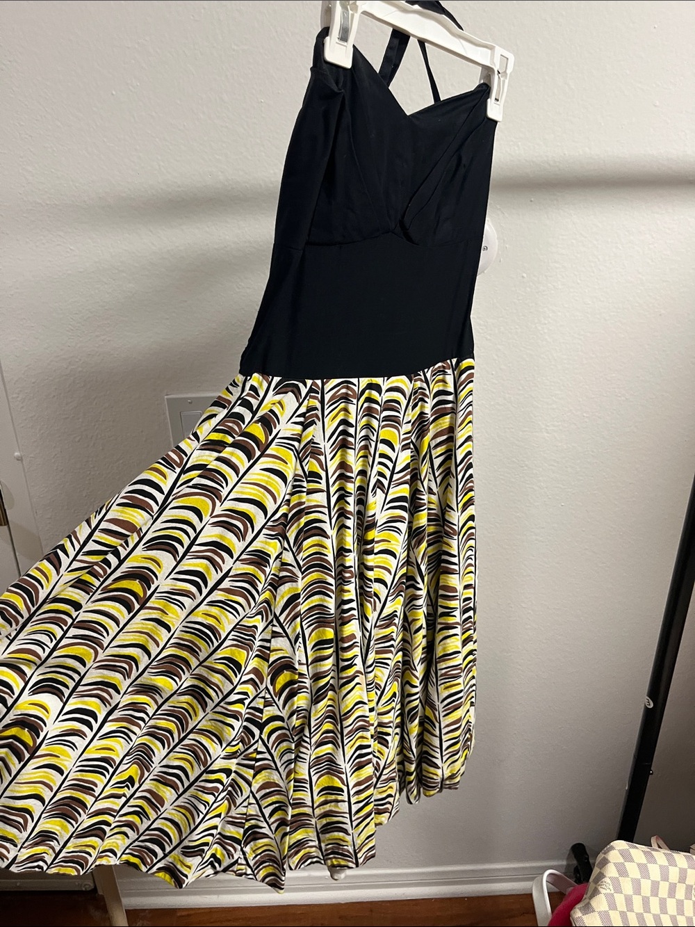 Anthropologie Black Bodice Yellow, White & Brown Patterned Midi Dress